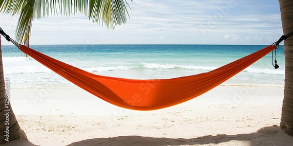 Fototapeta Relaxing beach scene with bright orange hammock tied between two palm trees over white sand, overlooking turquoise ocean, symbolizing tropical vacation, summer leisure, paradise escape, and coastal
