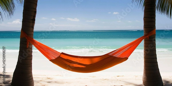Fototapeta Relaxing beach scene with bright orange hammock tied between two palm trees over white sand, overlooking turquoise ocean, symbolizing tropical vacation, summer leisure, paradise escape, and coastal