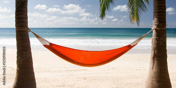 Fototapeta Relaxing beach scene with bright orange hammock tied between two palm trees over white sand, overlooking turquoise ocean, symbolizing tropical vacation, summer leisure, paradise escape, and coastal