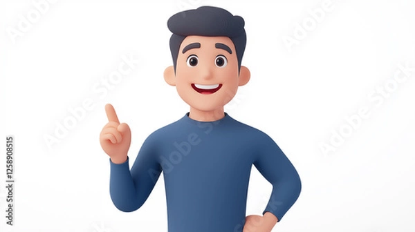 Fototapeta 3D cartoon character with happy facial expression, wearing a blue sweater, pointing up with one hand and showing thumbs-up, symbolizing approval, positivity, encouragement, communication, and friendly