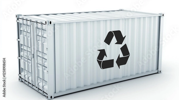 Fototapeta White shipping container with black recycling symbol on side, representing eco-friendly logistics, sustainability, waste management, environmental protection, renewable resources, and green cargo