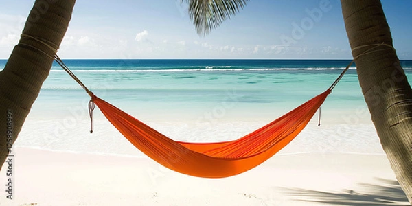 Fototapeta Relaxing beach scene with bright orange hammock tied between two palm trees over white sand, overlooking turquoise ocean, symbolizing tropical vacation, summer leisure, paradise escape, and coastal 
