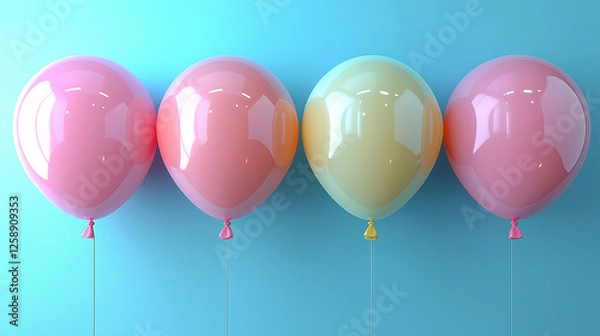 Fototapeta colorful pastel balloons arranged in a row against a gradient blue background, symbolizing fun, celebration, happiness, minimalism, joyful atmosphere, party decoration, childhood memories, and festive
