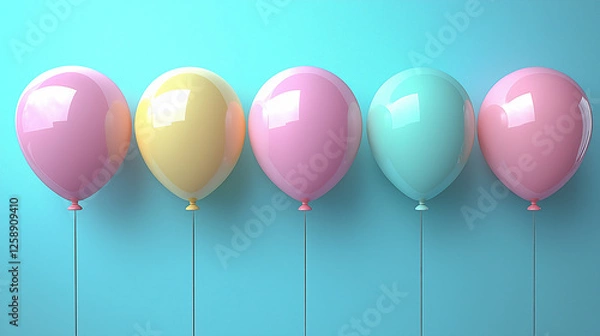 Fototapeta colorful pastel balloons arranged in a row against a gradient blue background, symbolizing fun, celebration, happiness, minimalism, joyful atmosphere, party decoration, childhood memories, and festive