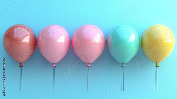 Fototapeta colorful pastel balloons arranged in a row against a gradient blue background, symbolizing fun, celebration, happiness, minimalism, joyful atmosphere, party decoration, childhood memories, and festive
