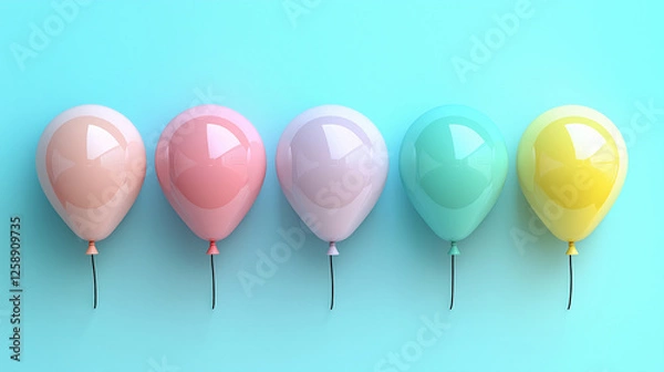 Fototapeta colorful pastel balloons arranged in a row against a gradient blue background, symbolizing fun, celebration, happiness, minimalism, joyful atmosphere, party decoration, childhood memories, and festive