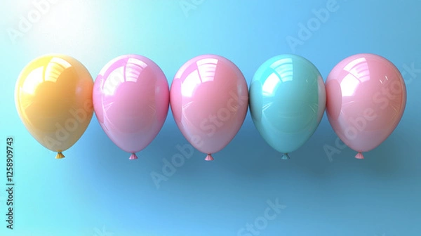 Fototapeta colorful pastel balloons arranged in a row against a gradient blue background, symbolizing fun, celebration, happiness, minimalism, joyful atmosphere, party decoration, childhood memories, and festive