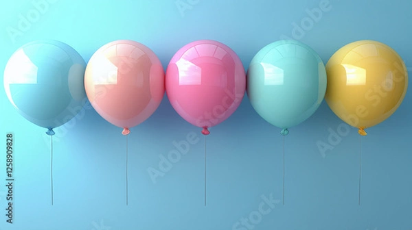 Fototapeta colorful pastel balloons arranged in a row against a gradient blue background, symbolizing fun, celebration, happiness, minimalism, joyful atmosphere, party decoration, childhood memories, and festive