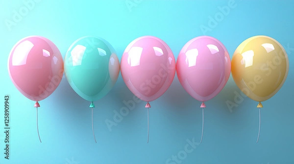 Fototapeta colorful pastel balloons arranged in a row against a gradient blue background, symbolizing fun, celebration, happiness, minimalism, joyful atmosphere, party decoration, childhood memories, and festive