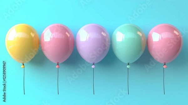 Fototapeta colorful pastel balloons arranged in a row against a gradient blue background, symbolizing fun, celebration, happiness, minimalism, joyful atmosphere, party decoration, childhood memories, and festive