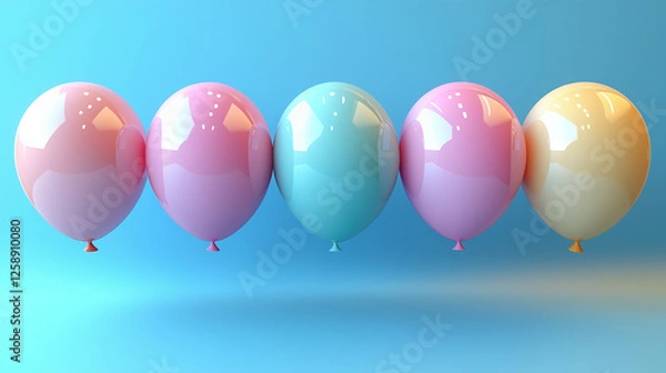 Fototapeta colorful pastel balloons arranged in a row against a gradient blue background, symbolizing fun, celebration, happiness, minimalism, joyful atmosphere, party decoration, childhood memories, and festive