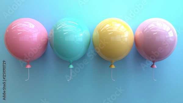 Fototapeta colorful pastel balloons arranged in a row against a gradient blue background, symbolizing fun, celebration, happiness, minimalism, joyful atmosphere, party decoration, childhood memories, and festive