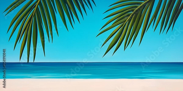 Fototapeta Tropical beach scene with palm leaves framing the ocean view, symbolizing exotic vacation, summer relaxation, paradise escape, coastal scenery, dreamy getaway, and breathtaking travel destinations