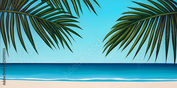 Fototapeta Tropical beach scene with palm leaves framing the ocean view, symbolizing exotic vacation, summer relaxation, paradise escape, coastal scenery, dreamy getaway, and breathtaking travel destinations