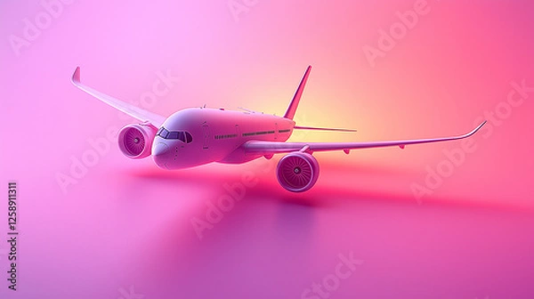 Fototapeta Modern commercial airplane with sleek aerodynamic design on gradient pink background, symbolizing aviation, air travel, futuristic technology, transportation, aerospace industry, global connectivity, 