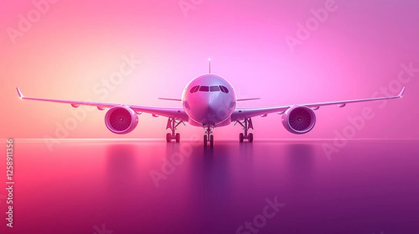 Fototapeta Modern commercial airplane with sleek aerodynamic design on gradient pink background, symbolizing aviation, air travel, futuristic technology, transportation, aerospace industry, global connectivity, 
