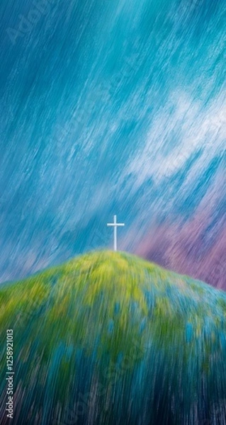 Obraz Cross a grassy hill under a dramatic blue sky. Digital painting with expressive brushstrokes and vibrant colors. Christian faith and Easter celebration concept. 