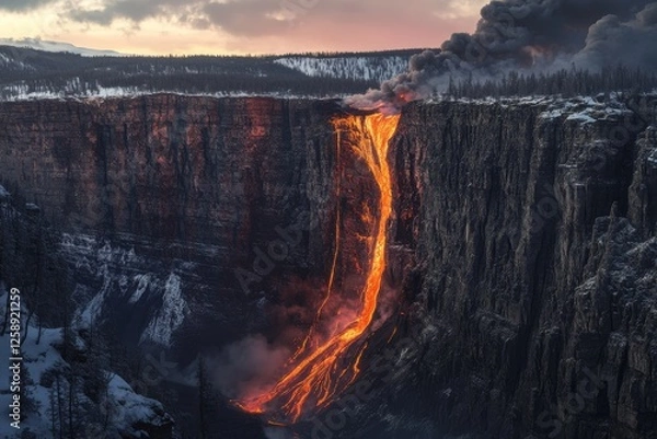 Fototapeta Lava pouring into ravine, creating dramatic natural scene