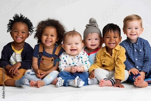 Fototapeta Multicultural Unity: Diverse and joyful babies and toddlers of different ethnicities laughing and sitting together on a clear background.