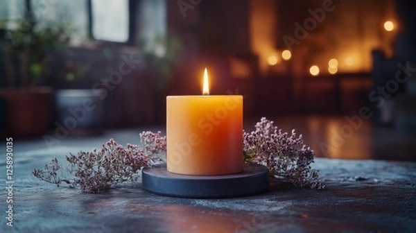 Fototapeta Warm candlelight on a table surrounded by flowers in an intimate setting at dusk