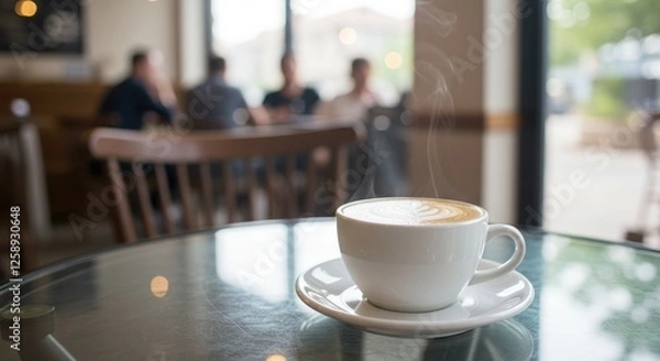Fototapeta In a cozy cafe a steaming cup of latte art sits on a glass table