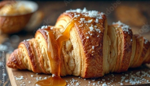 Obraz Croissant with Apples and Syrup on Wooden Board