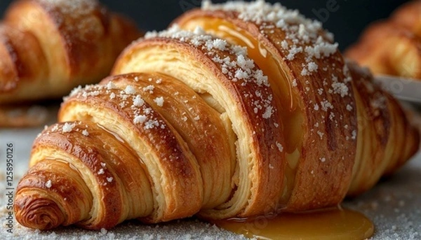 Obraz Croissant with syrup and powdered sugar close-up