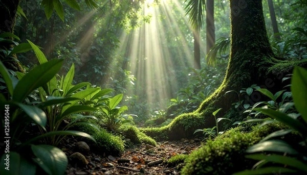 Obraz Mystical sunlight filtering through lush green forest