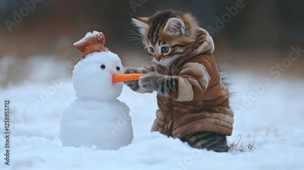 Fototapeta Kitten in Coat Adds Carrot to Snowman