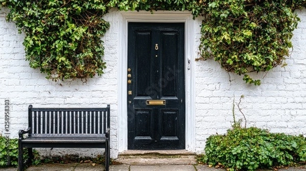 Obraz Black door with a gold knocker sits in front of a white brick building