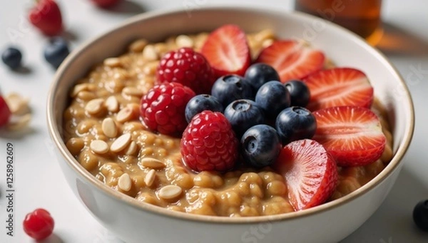 Fototapeta Healthy breakfast Vegan-friendly oatmeal porridge with warm oats and nutritional benefits for weight management