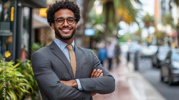 Fototapeta Man in a suit and tie is smiling and posing for a picture