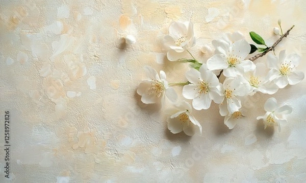 Fototapeta Abstract floral design with delicate white blossoms on a textured pastel background, styled for a romantic and elegant visual