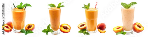 Fototapeta Peach smoothie in a glass with mint isolated on transparent background ,PNG, set of