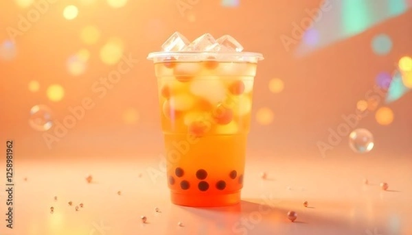 Fototapeta Refreshing Bubble Tea Drink with Ice Cubes and Tapioca Pearls