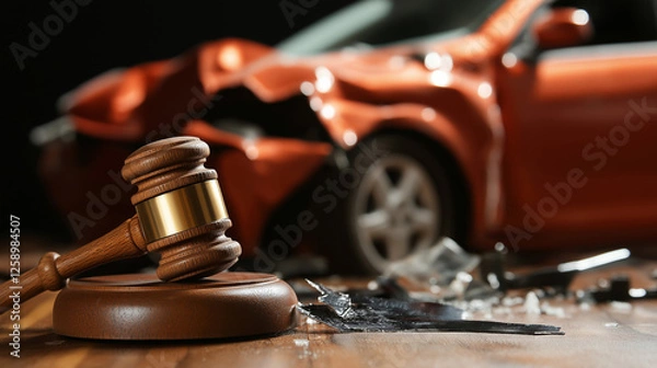 Fototapeta Car Accident Law and Justice: Gavel with Crashed Vehicle in Background