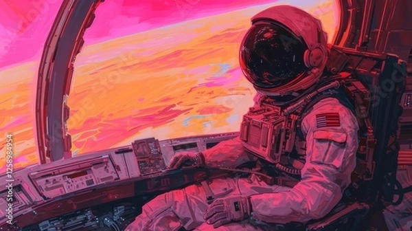 Fototapeta An astronaut sits in the high-tech cockpit of a spacecraft, gazing at a vibrant pink alien planet through the window. Futuristic and captivating. AI generated.