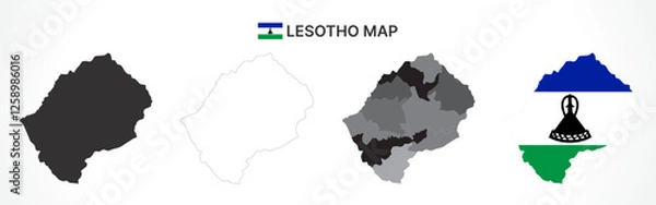 Fototapeta Detailed Lesotho Map Collection with Outline, Silhouette, Districts, and Flag Overlay Variations