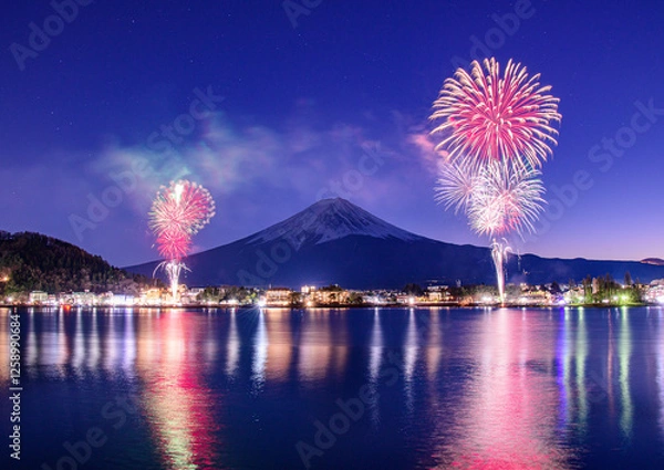 Obraz 河口湖から富士山と花火