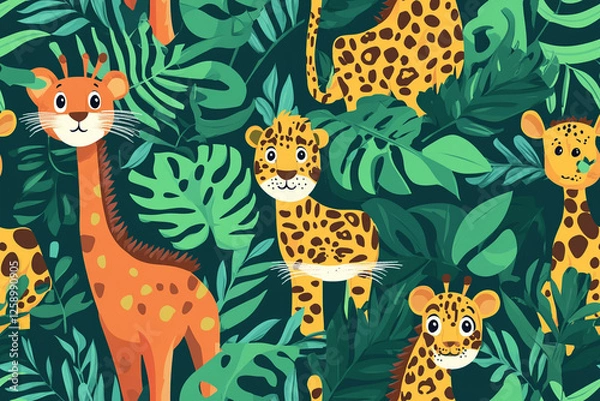 Fototapeta Pattern with cartoon giraffes, leopards and tigers in bright jungle shades, patterns