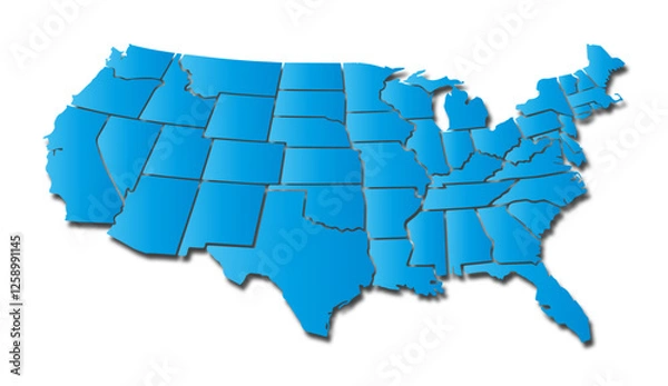 Fototapeta USA 3D map in blue, isolated on a transparent or white background. Editable and detailed map of the United States with outlined administrative divisions. Vector illustration.