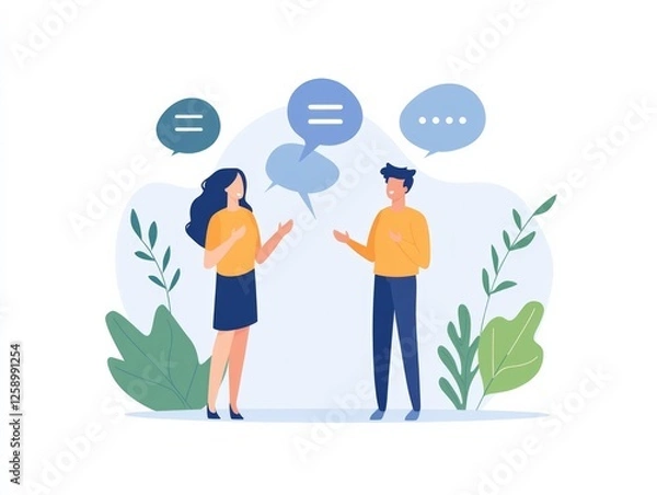 Fototapeta Two people engaging in a conversation with speech bubbles in an outdoor setting