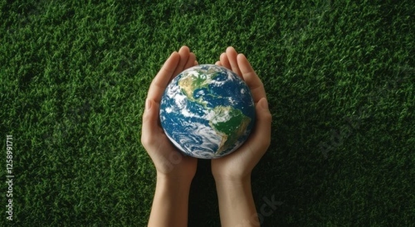 Fototapeta Hands hold the Earth gently, emphasizing the importance of protecting our planet and promoting environmental sustainability and awareness.