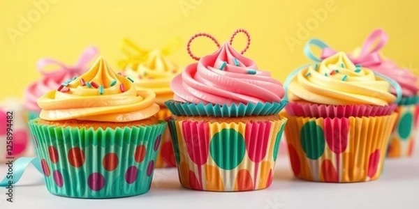 Fototapeta Cupcakes with colorful wrappers and ribbons, decoration, birthday