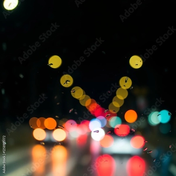 Fototapeta Car traffic lights bokeh through rainy window glass on black background defocused city night colorful round lights Bokeh light lights background bokeh abstract light bright effect shiny