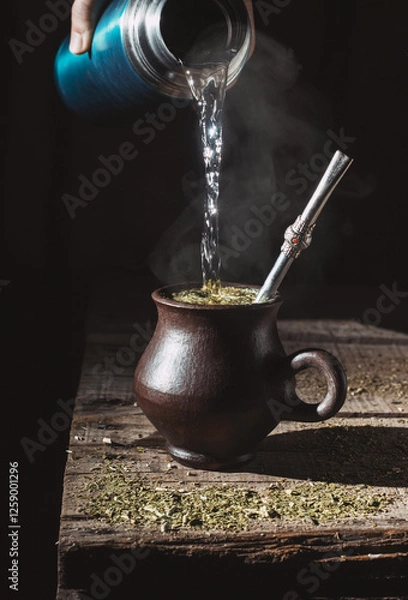 Obraz Water served in a steaming infusion of yerba mate, on a rustic table with black background.
