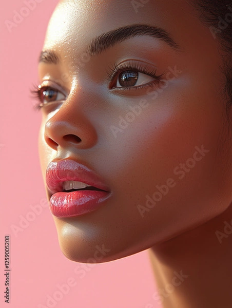 Fototapeta A close-up portrait of a woman with glowing skin and soft features. Her gaze is focused, and her lips are tinted with a subtle pink shade. The image is framed with a pink background.