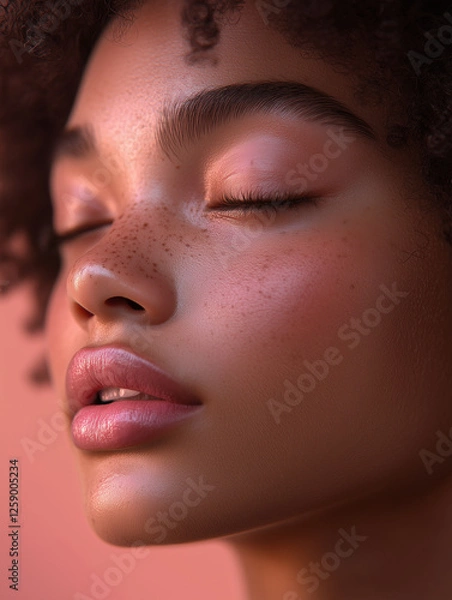 Fototapeta A close-up shot of a woman with closed eyes, showing her natural beauty and radiant skin. Her soft lips are tinted with a subtle pink shade, and her skin is glowing with a smooth texture.