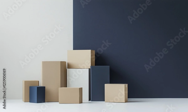 Fototapeta Stack of cardboard boxes placed before an empty white wall, symbolizing organization and industrial simplicity