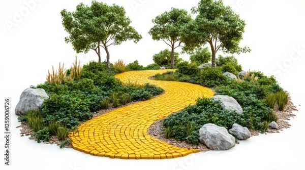Fototapeta Yellow brick road winding through a lush green landscape with trees and rocks, isolated on white background.